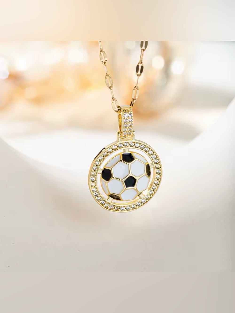 18K Gold Soccer Ball Enameled Micro Pave Diamond Inlay Pendant Necklace Unisex - Picture 4 of 6
